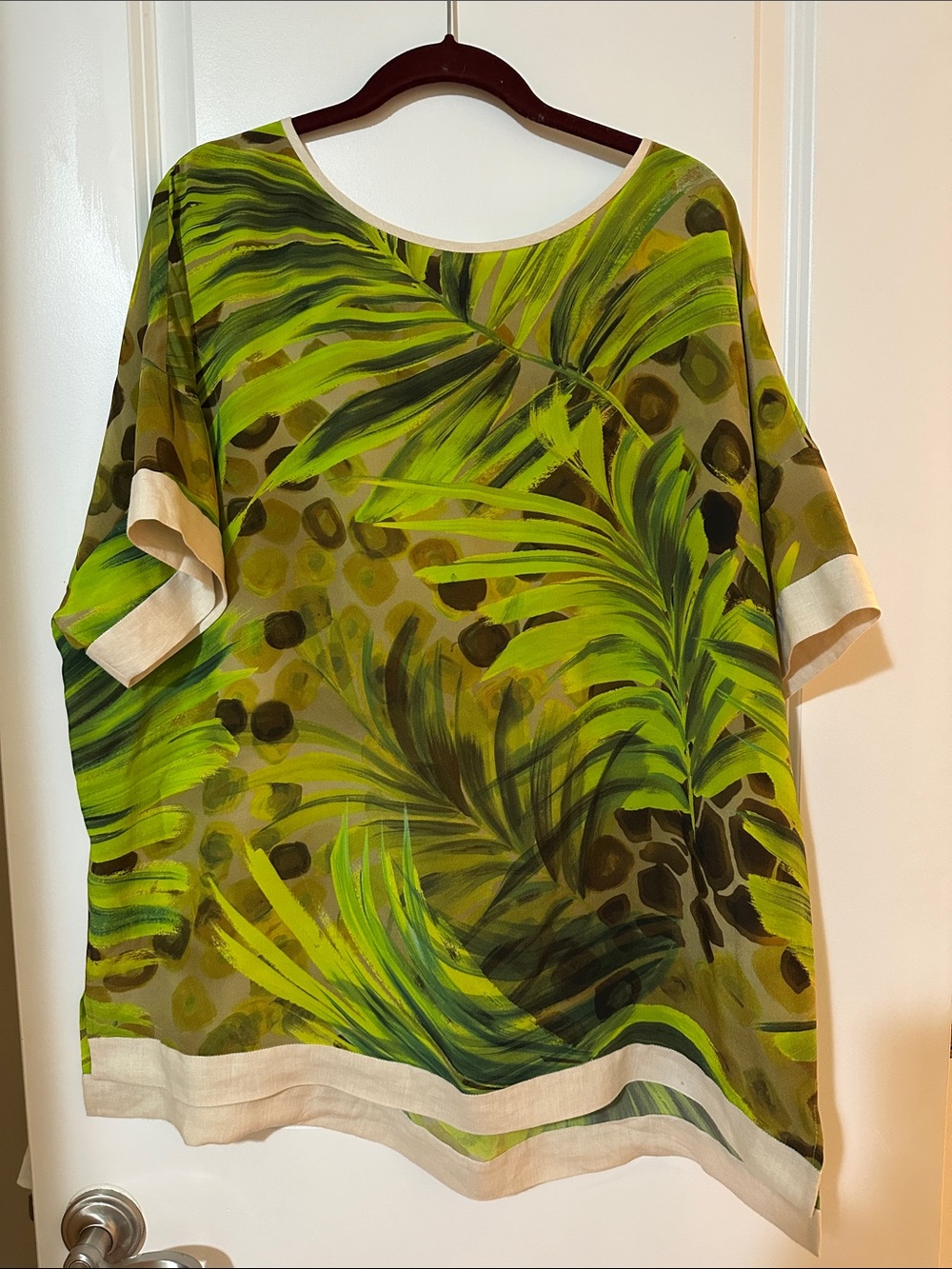 Lafayette 148 Tropical Leaf Print Relaxed Silk Blouse Sz XL